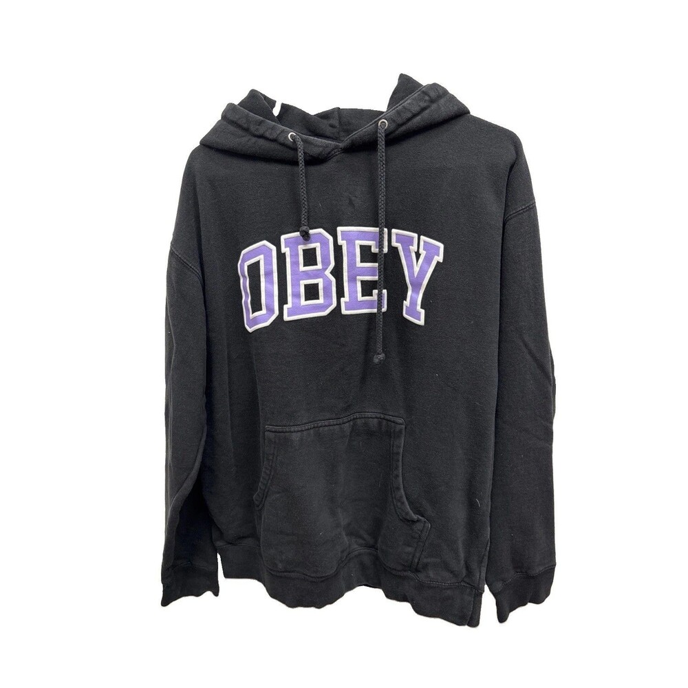 Obey Worldwide Hoodie Sweater Men L Black Purple Spell Out Logo Skater Grunge
